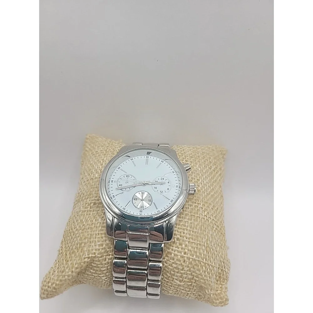 Vintage Silver Tone Chronogragh‎ Style Quartz Watch Metal Link Bracelet